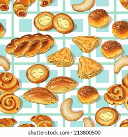 Seamless pattern with variety of bakery.