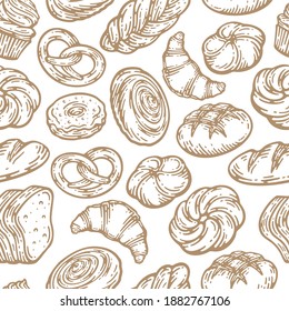 Seamless pattern with a variety of bakery products in doodle vintage design