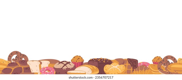 Seamless Pattern With A Variety Of Bakery Products. Muffins, Croissants, Breads Create A Charming And Appetizing Design