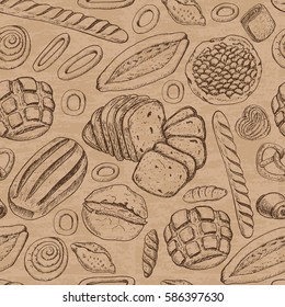 Seamless pattern with a variety of bakery products. Vector illustration for your design