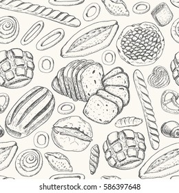 Seamless pattern with a variety of bakery products. Vector illustration for your design