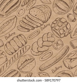 Seamless pattern with a variety of bakery products. Vector illustration for your design