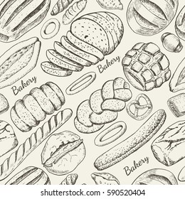 Seamless pattern with a variety of bakery products. Vector illustration for your design