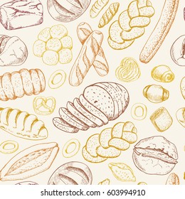 Seamless pattern with a variety of bakery products. Vector illustration for your design