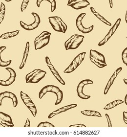 Seamless pattern with a variety of bakery products. Vector illustration