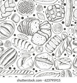 Seamless pattern with a variety of bakery products