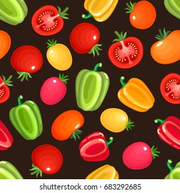 Seamless pattern with variety of bell peppers and tomatoes. Bright fresh vegetables for repeatable food background. Vector illustration.