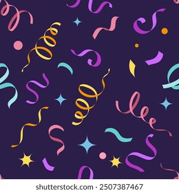 Seamless Pattern With a Variety of bright colorful confetti on a bright purple background. Wrapping paper design to gift boxes or fabric design.
