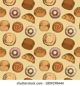 Seamless Pattern with variety of buns, Donut, Croissant. Bakery product. Vintage style design. For printing wrapping paper, packaging, fabric. Hand Drawn vector illustration.