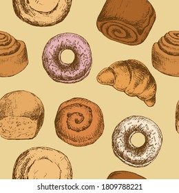 Seamless Pattern with variety of buns, Donut, Croissant. Bakery product. Vintage style design. For printing wrapping paper, packaging, fabric. Hand Drawn vector illustration.