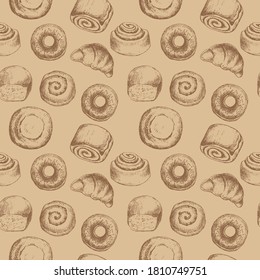 Seamless Pattern with variety of buns, Donut, Croissant. Bakery product. Vintage style design. For printing wrapping paper, packaging, fabric. Hand Drawn vector illustration.