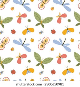 Seamless pattern with a variety of butterflies and bugs on a white background.