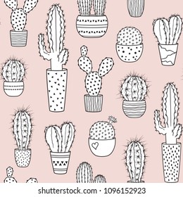 Seamless pattern with variety of cacti in pots