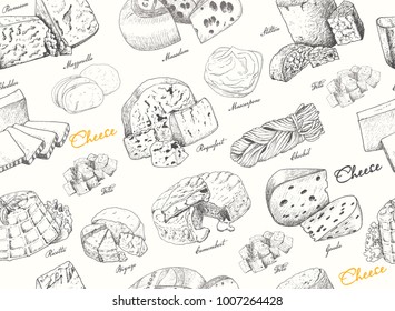 Seamless pattern with a variety of cheeses. Vector illustration for your design