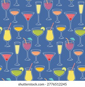 Seamless pattern with variety of colorful cocktail glasses. Brightly summer beverages on blue background. 