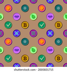 Seamless pattern of a variety of cryptocurrency coins on a Light Taupe background. WhiteCoin, Waves, Vertcoin, Peercoin, Particl, GXChain. Vector illustration.