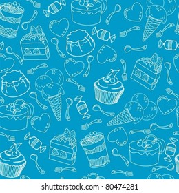 Seamless pattern with variety of desserts and hearts, spoons, forks