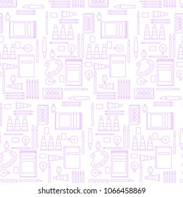 Seamless pattern with variety education, entertainment elements: watercolor, brash, pencil and other. Design for banner, poster or print.