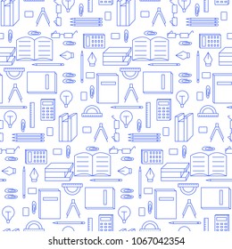 Seamless pattern with variety education, entertainment elements: book, pencil, straightedge and other. Design for banner, poster or print.