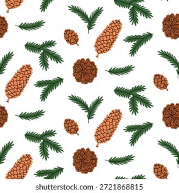 Nahtloses Muster mit einer Vielzahl von flachen farbigen Kiefern, Fichtenkegel, Weihnachtsbaumzweigen. Wald für Winterurlaub Wickelpapier, Herbst Stoffdrucke, Botanische Tapete, saisonale grafische Gestaltung