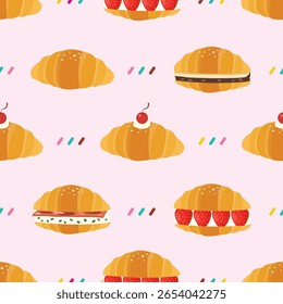 Seamless pattern of variety flavour shio pan. plain, red bean and butter, strawberry, bacon and cream cheese, cherry. vector illustration