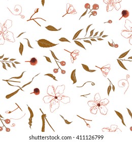 Seamless pattern with a variety of flowers, herbs, buds, swirls