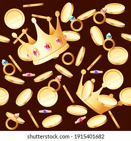Seamless pattern of variety golden treasures crown gems coins vector illustration on brown background