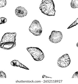 Seamless pattern with variety of hand drawn seashells in black and white. Hand drawn vector illustration in sketch style. Perfect for textiles fabric wallpapers or ocean inspired design themes.