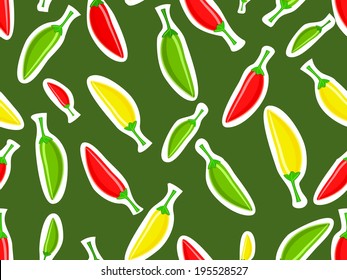 Seamless pattern with variety of hot chili peppers on dark green background. 