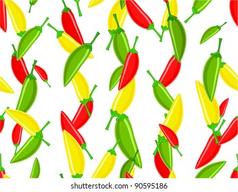 Seamless pattern with variety of hot chili peppers on white background.