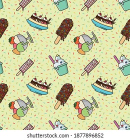 Seamless pattern with a variety of ice cream. Delicious desserts vector wallpaper illustration.