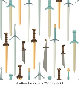 Seamless pattern with a variety of medieval swords and fantasy blades. Hand drawn flat style illustration for textile, wrapping paper, projects in a historical or fantasy theme