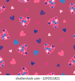 Seamless pattern of variety of pink tone heart for background, card, paper print, fabric or ornament business. Love issue. Vector design.
