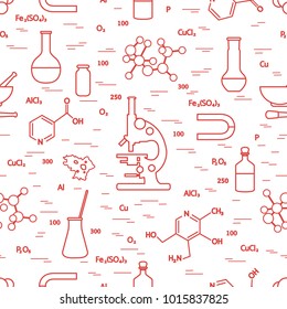 Seamless pattern with variety scientific, education elements: microscope, flasks, formula, pestle and other. Design for banner, poster or print. 