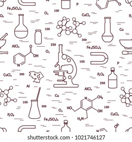 Seamless pattern with variety scientific, education elements: microscope, flasks, formula, pestle and other. Design for banner, poster or print. 