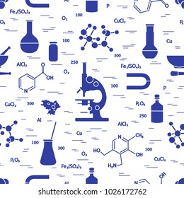 Seamless pattern with variety scientific, education elements: microscope, flasks, formula, pestle and other. Design for banner, poster or print. 