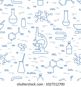 Seamless pattern with variety scientific, education elements: microscope, flasks, formula, pestle and other. Design for banner, poster or print. 