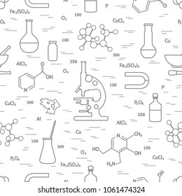 Seamless pattern with variety scientific, education elements: microscope, flasks, formula, pestle and other. Design for banner, poster or print. 