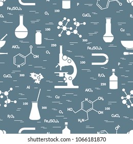 Seamless pattern with variety scientific, education elements: microscope, flasks, formula, pestle and other. Design for banner, poster or print. 