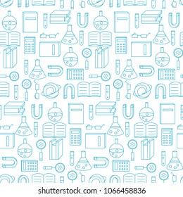 Seamless pattern with variety scientific, education elements: microscope, flasks and other. Design for banner, poster or print. 