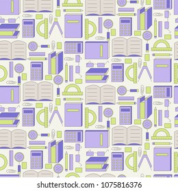 Seamless pattern with variety scientific, education elements: books, notebook and other. Design for banner, poster or print. 