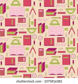 Seamless pattern with variety scientific, education elements: books, notebook and other. Design for banner, poster or print. 