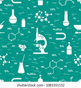 Seamless pattern with variety scientific, education elements: microscope, flasks, formula, pestle and other. Design for banner, poster or print. 