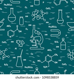 Seamless pattern with variety scientific, education elements: microscope, flasks, formula, pestle and other. Design for banner, poster or print. 