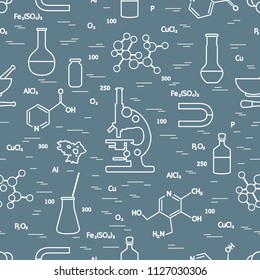 Seamless pattern with variety scientific, education elements: microscope, flasks, formula, pestle and other. Design for banner, poster or print. 