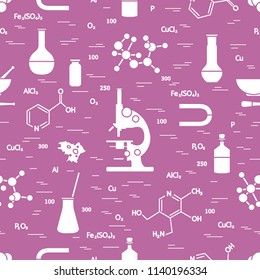 Seamless pattern with variety scientific, education elements: microscope, flasks, formula, pestle and other. Design for banner, poster or print. 