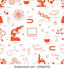 Seamless pattern with variety scientific, education elements: globe, microscope,magnet, flask, molecule and other. Design for banner, flyer, poster or print. 