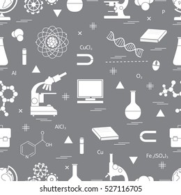 Seamless pattern with variety scientific, education elements: globe, microscope,magnet, flask, molecule and other. Design for banner, flyer, poster or print. 