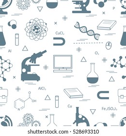 Seamless pattern with variety scientific, education elements: globe, microscope,magnet, flask, molecule and other. Design for banner, flyer, poster or print. 