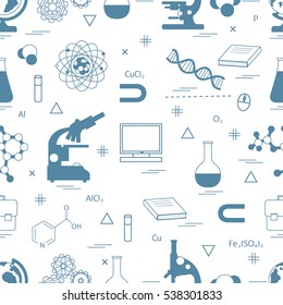 Seamless pattern with variety scientific, education elements: globe, microscope,magnet, flask, molecule and other. Design for banner, flyer, poster or print. 
